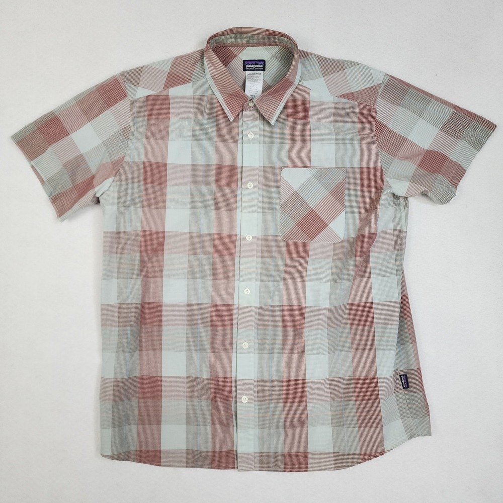 Patagonia Shirt Men's XL Red Gray Plaid Cotton Short Sleeve Collared Button Up